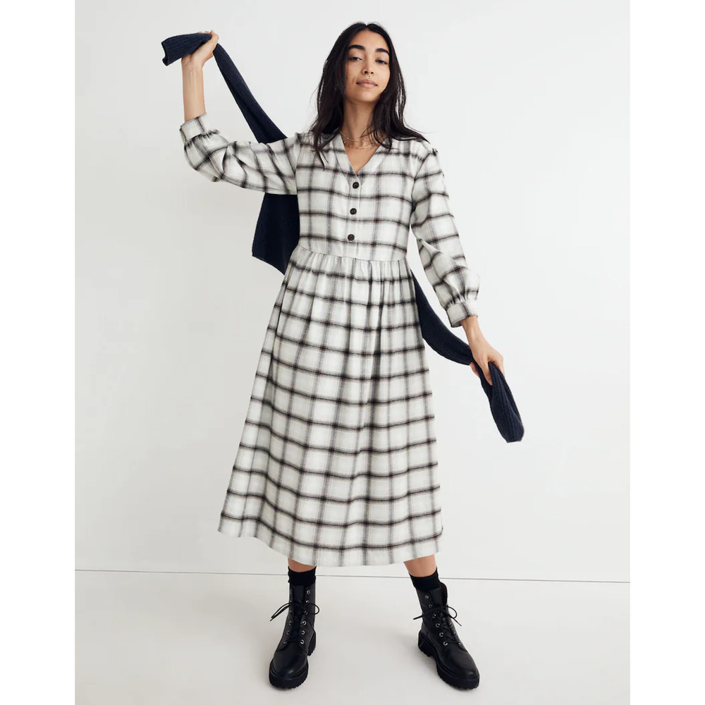 NWT Madewell Flannel Button-Front Midi Dress Plaid Pockets Size 14 MSRP $128